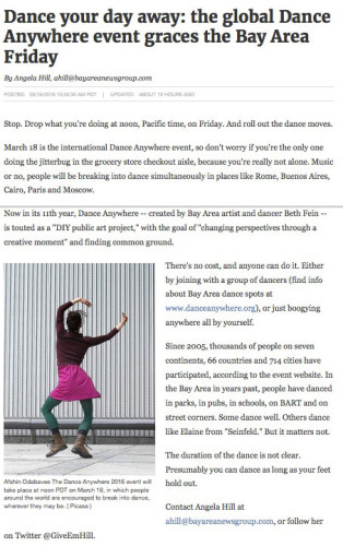 dance anywhere day article from Mercury News, March 16, 2016.